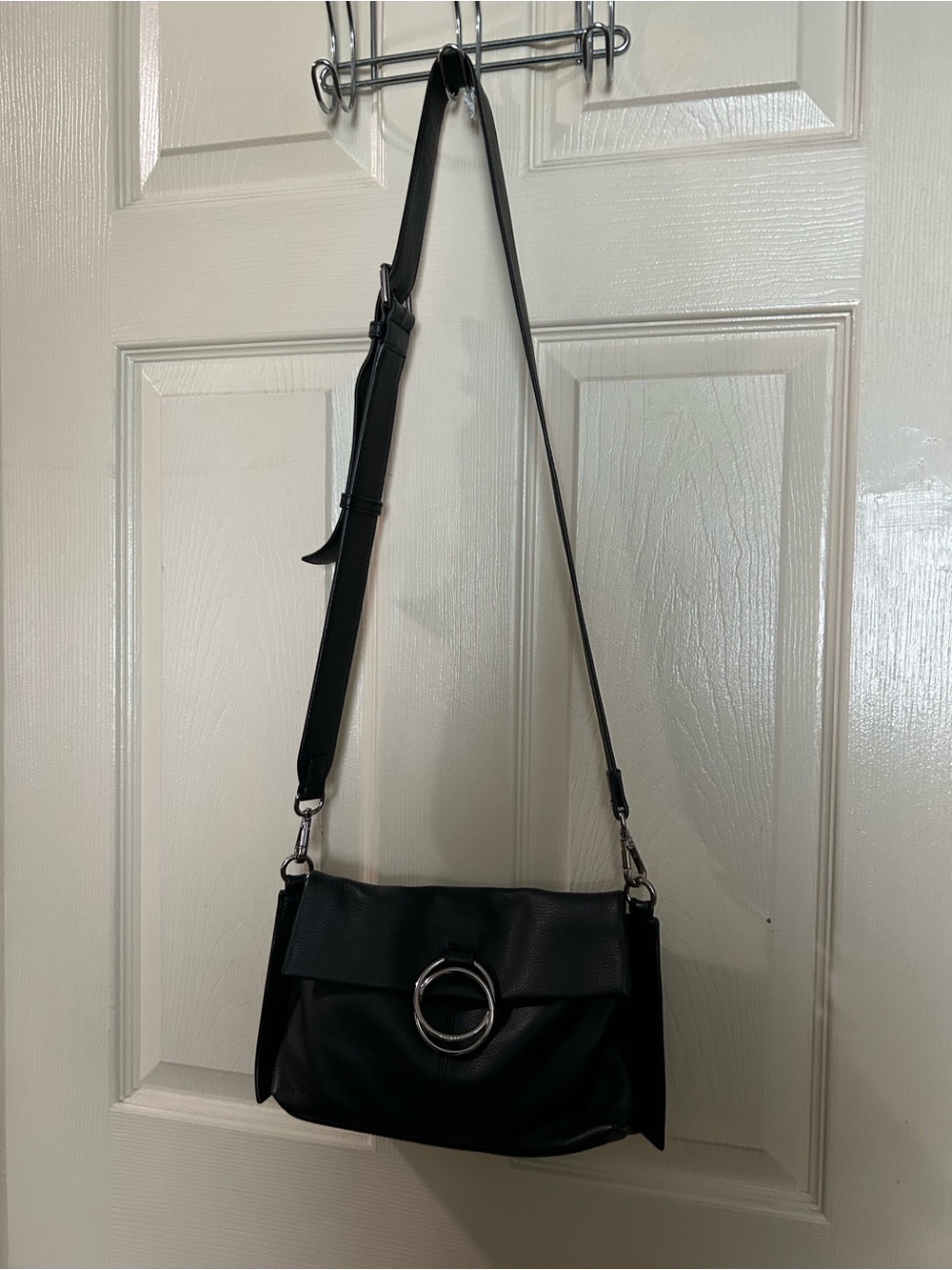 Vince Camuto Black Crossbody Bag with Silver Ring Detail